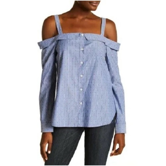 🆕 BCBGENERATION Blue & White Striped Red Dot Cold-Shoulder Shirt XS - Picture 5 of 11